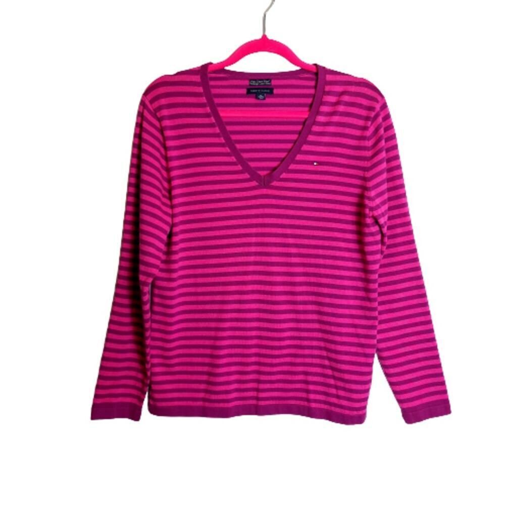 Tommy Hilfiger V Neck Pima Cotton Long Sleeve Tee Pink Purple Size XL Y2K - Picture 9 of 9
